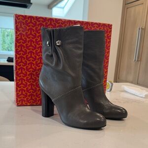 Tory Burch Charcoal Leather Mid-Calf Heeled Boots